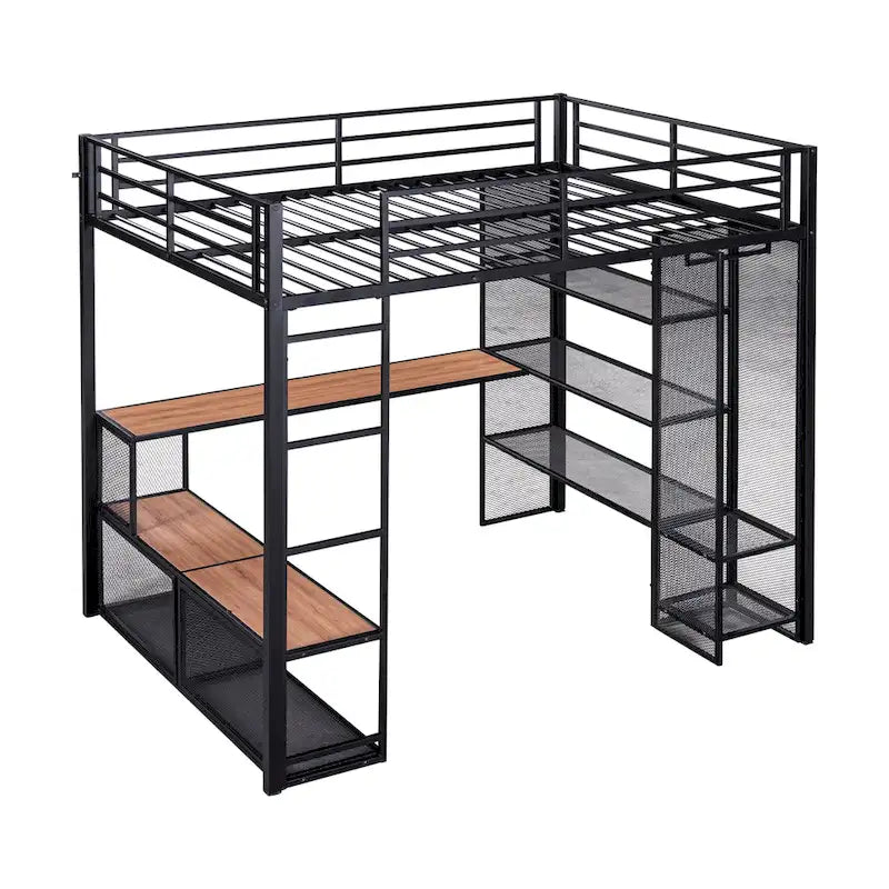 Full Size Metal Loft Bed with Storage Iron Mesh and MDF Shelves and Open Wardrobe