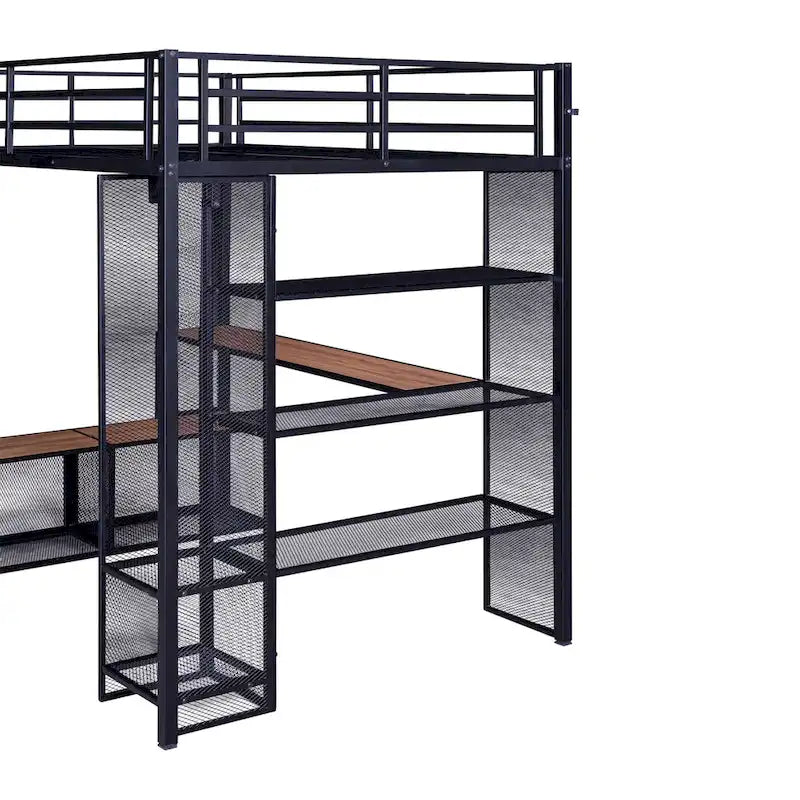 Full Size Metal Loft Bed with Storage Iron Mesh and MDF Shelves and Open Wardrobe
