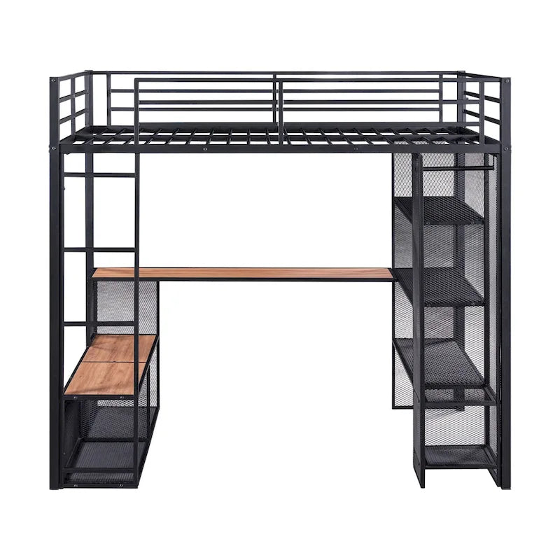 Full Size Metal Loft Bed with Storage Iron Mesh and MDF Shelves and Open Wardrobe