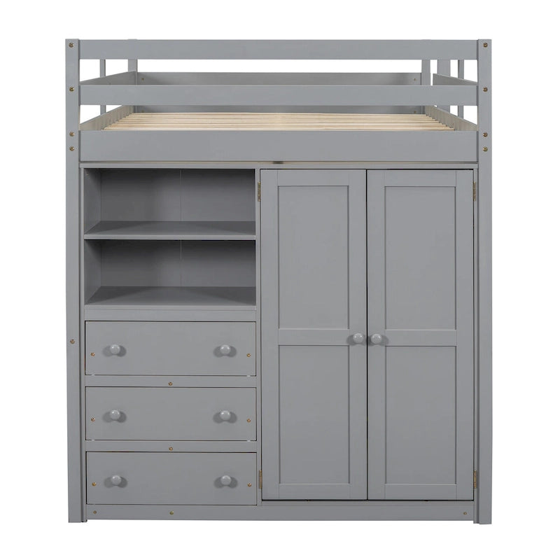 Wood Full Size Loft Bed with Built-in Wardrobe, Desk, Storage Shelves and Drawers