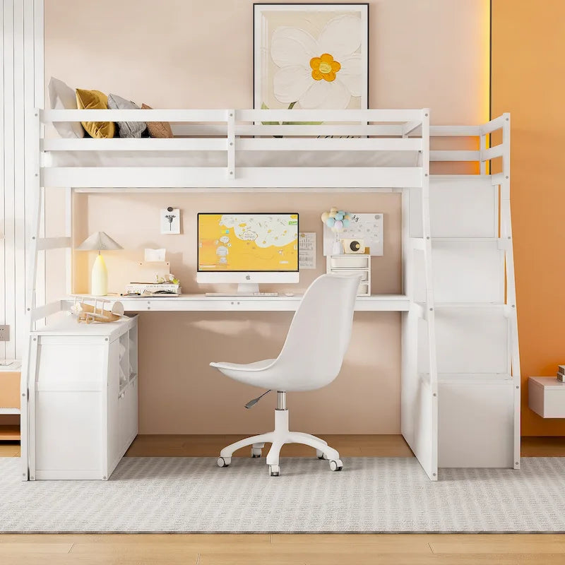 Full Size Loft Bed with 7 Drawers 2 Shelves and Desk
