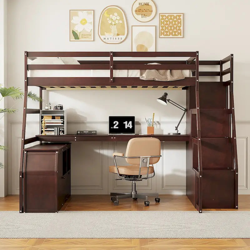 Full Size Loft Bed with 7 Drawers 2 Shelves and Desk