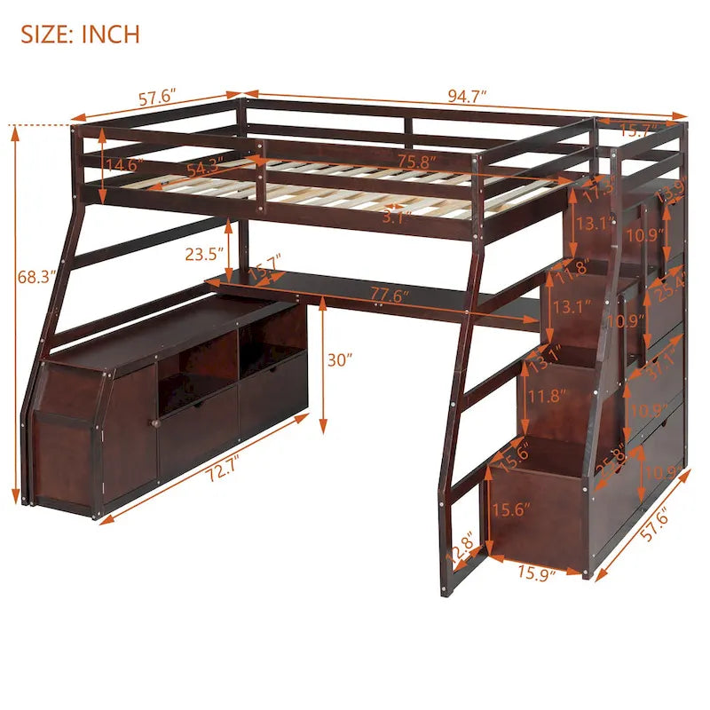 Full Size Loft Bed with 7 Drawers 2 Shelves and Desk