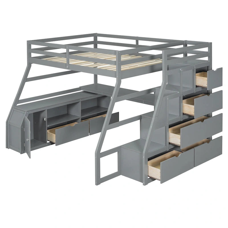 Full Size Loft Bed with 7 Drawers 2 Shelves and Desk