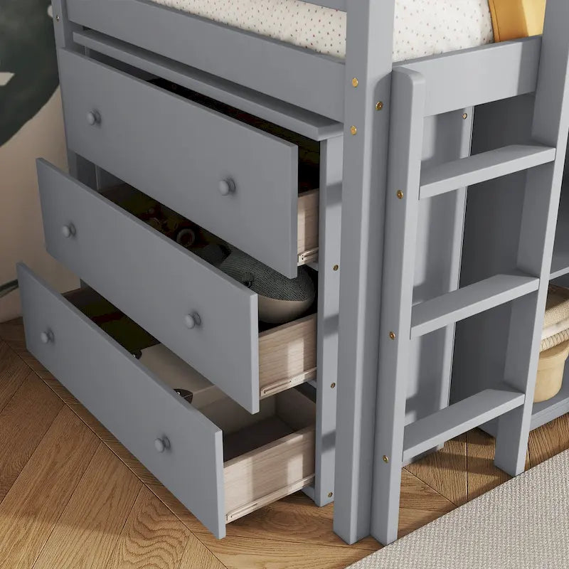 Twin Loft Bed with ,Drawer Cabinet, Shelf Cabinet and Pulling -Out Desk,Rubber Wood Loft Bed with Safety Guardrail ,Ladder,Grey