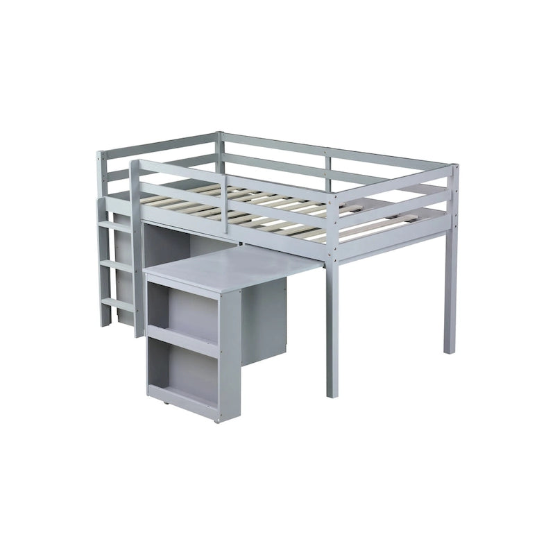 Twin Loft Bed with ,Drawer Cabinet, Shelf Cabinet and Pulling -Out Desk,Rubber Wood Loft Bed with Safety Guardrail ,Ladder,Grey