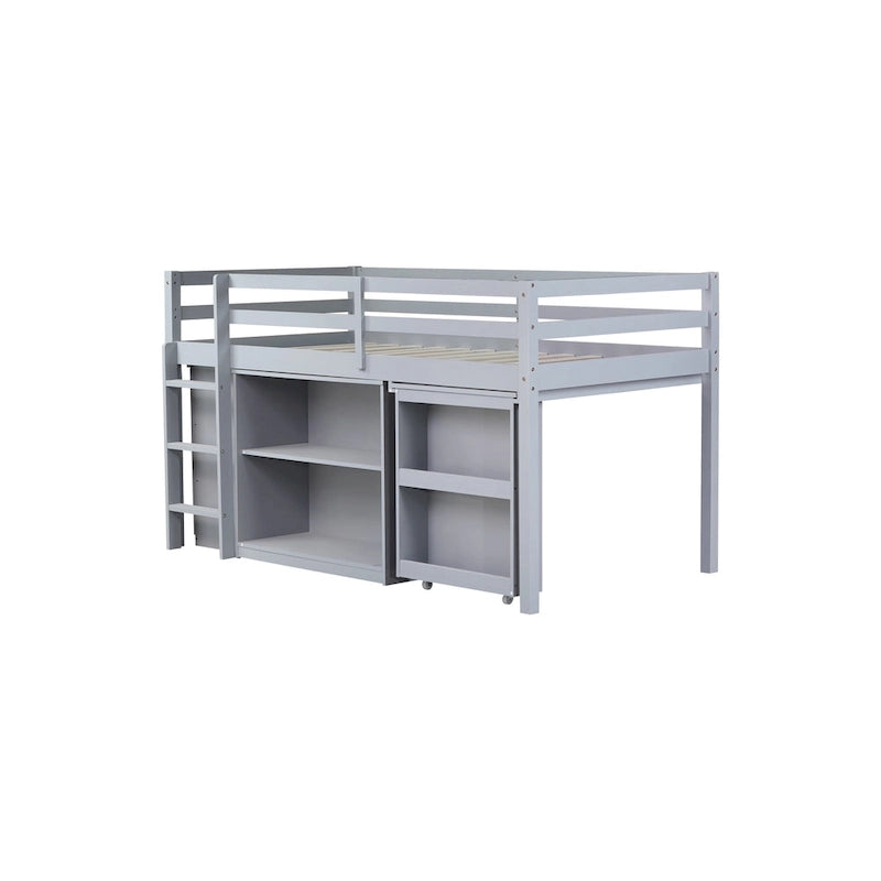 Twin Loft Bed with ,Drawer Cabinet, Shelf Cabinet and Pulling -Out Desk,Rubber Wood Loft Bed with Safety Guardrail ,Ladder,Grey