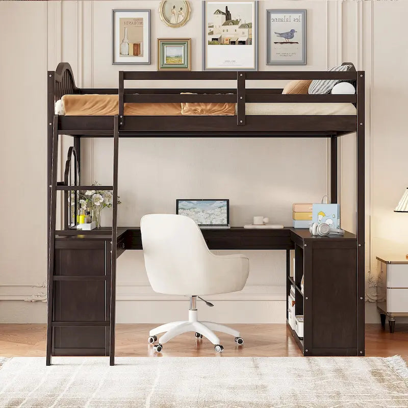 Full Wooden Loft Bed with U-shaped Desk,Storage Compartments and Tri-fold Mirror