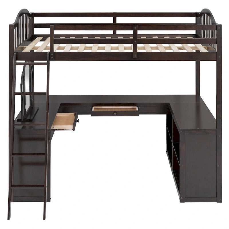 Full Wooden Loft Bed with U-shaped Desk,Storage Compartments and Tri-fold Mirror