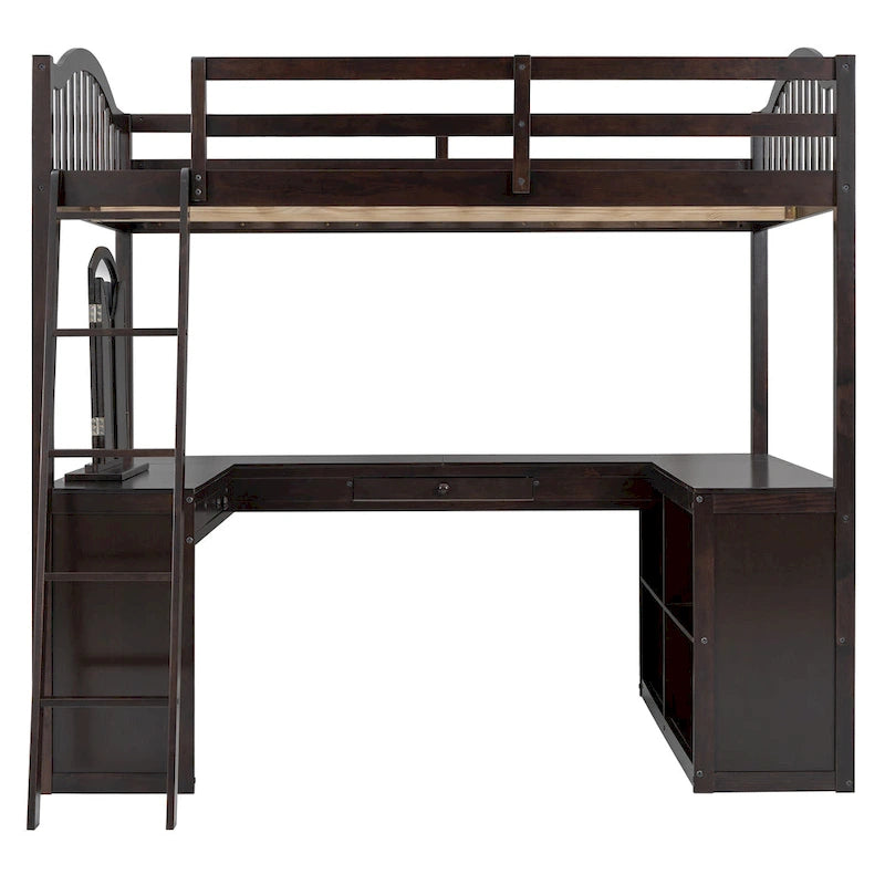 Full Wooden Loft Bed with U-shaped Desk,Storage Compartments and Tri-fold Mirror