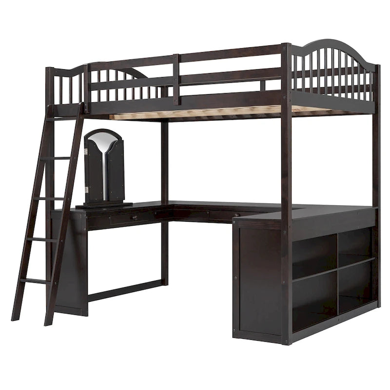 Full Wooden Loft Bed with U-shaped Desk,Storage Compartments and Tri-fold Mirror
