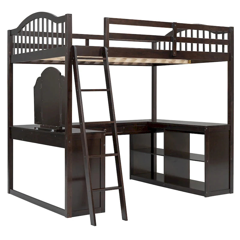 Full Wooden Loft Bed with U-shaped Desk,Storage Compartments and Tri-fold Mirror