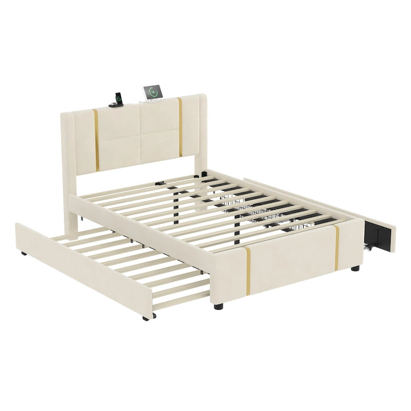 Queen Size Upholstered Bed with Trundle and 2 Drawers Beige Velvet Platform Bed with USB Charger Night Light