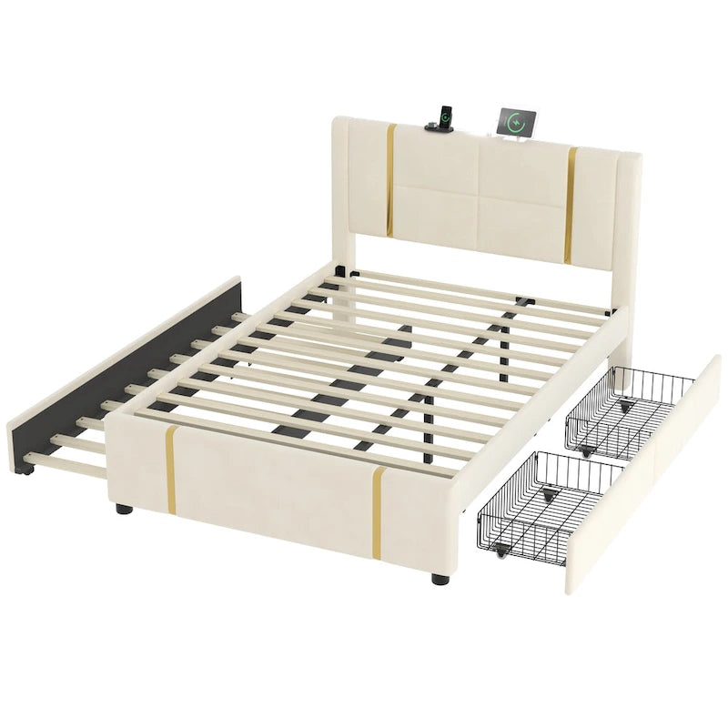 Queen Size Upholstered Bed with Trundle and 2 Drawers Beige Velvet Platform Bed with USB Charger Night Light