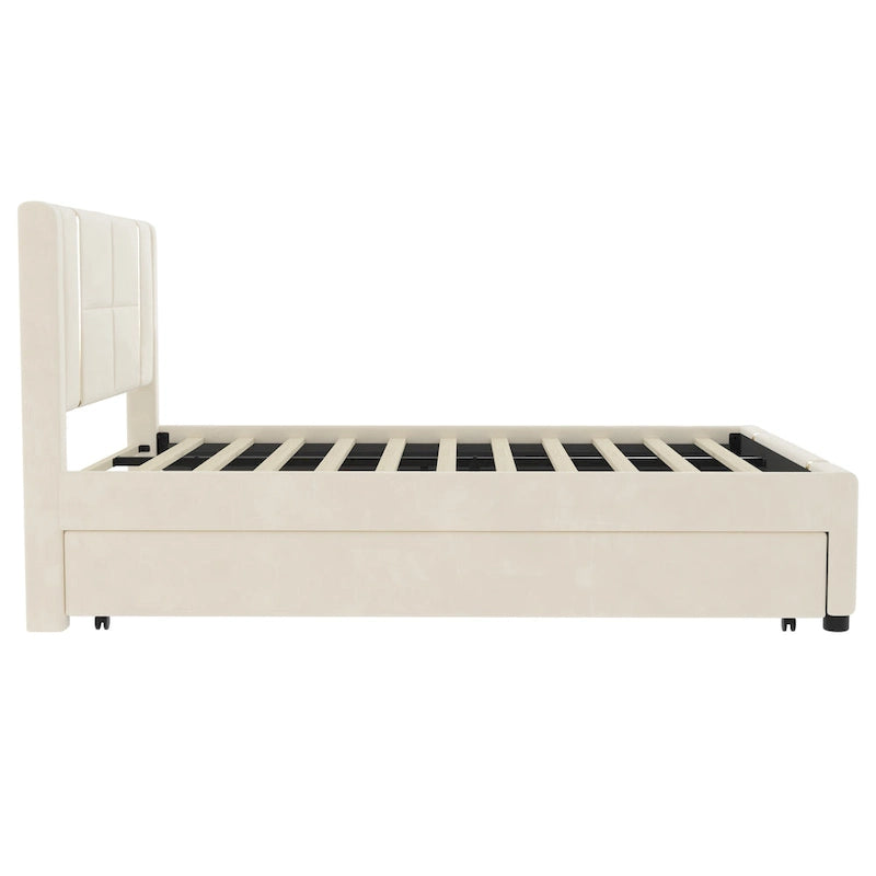 Queen Size Upholstered Bed with Trundle and 2 Drawers Beige Velvet Platform Bed with USB Charger Night Light