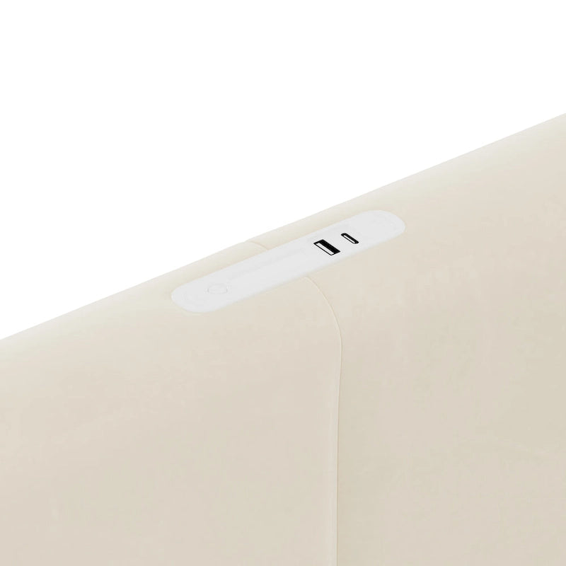 Queen Size Upholstered Bed with Trundle and 2 Drawers Beige Velvet Platform Bed with USB Charger Night Light