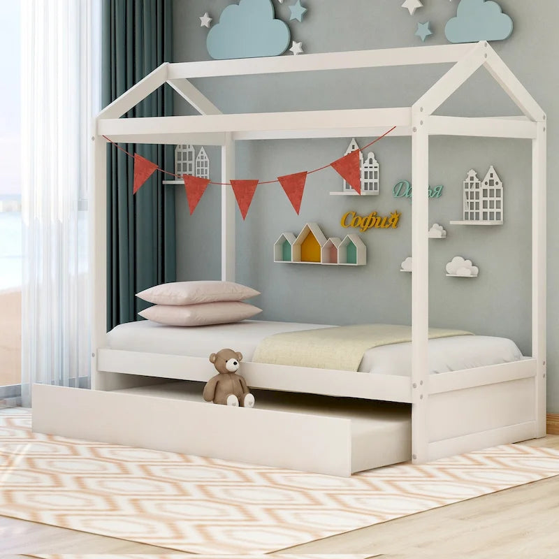 Wooden Twin Size House Bed with Trundle, Pull-Out Trundle
