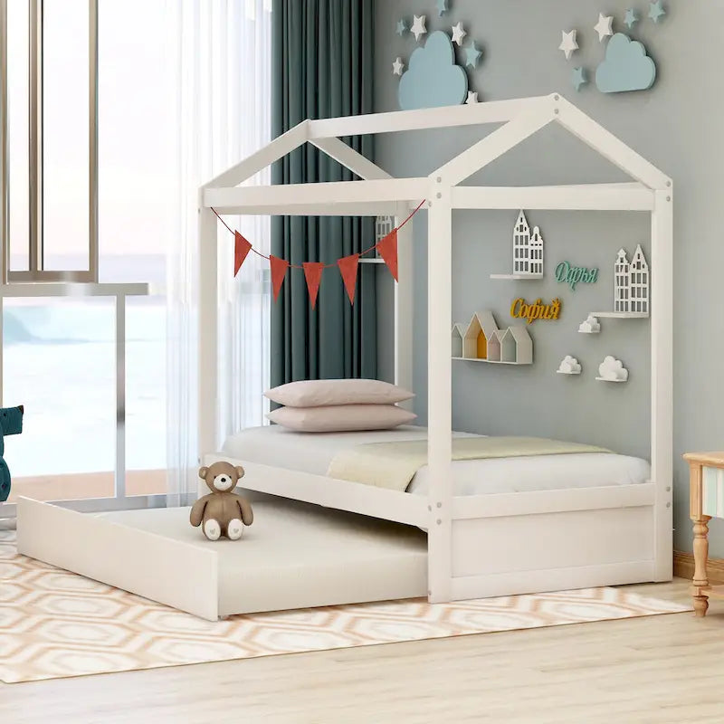 Wooden Twin Size House Bed with Trundle, Pull-Out Trundle