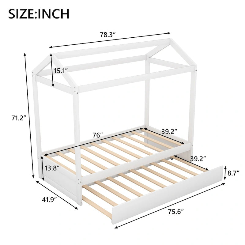 Wooden Twin Size House Bed with Trundle, Pull-Out Trundle