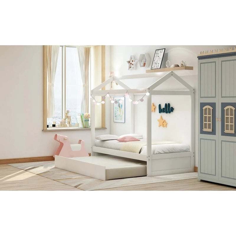 Wooden Twin Size House Bed with Trundle, Pull-Out Trundle