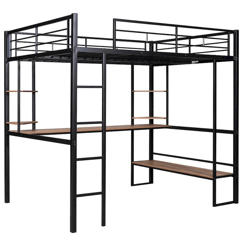 Full Size Loft Metal & MDF Bed with Long Desk and Shelves
