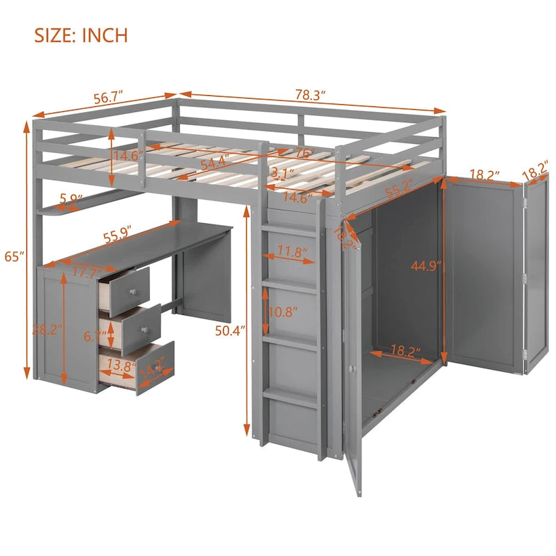 Full Loft Bed with Study Station, Wardrobe, Desk & Drawers