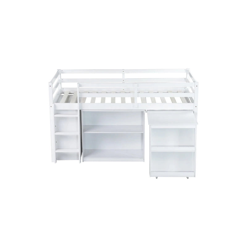 Twin Loft Bed with Pull-Out Desk, 3-Drawer Cabinet & Shelves