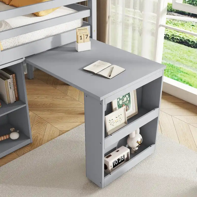 Twin Loft Bed with Pull-Out Desk, 3-Drawer Cabinet & Shelves