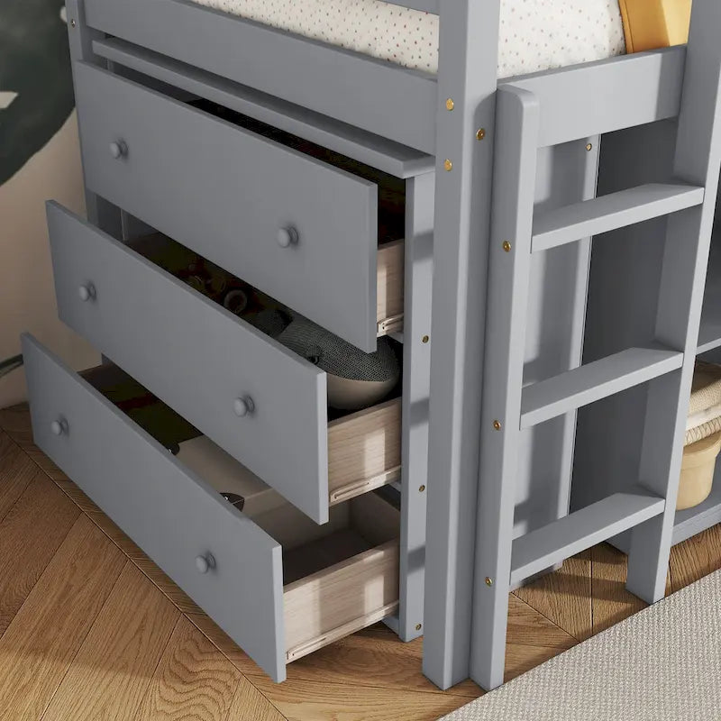 Twin Loft Bed with Pull-Out Desk, 3-Drawer Cabinet & Shelves