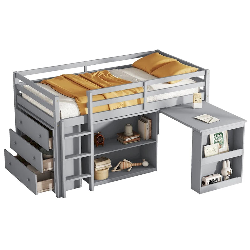 Twin Loft Bed with Pull-Out Desk, 3-Drawer Cabinet & Shelves