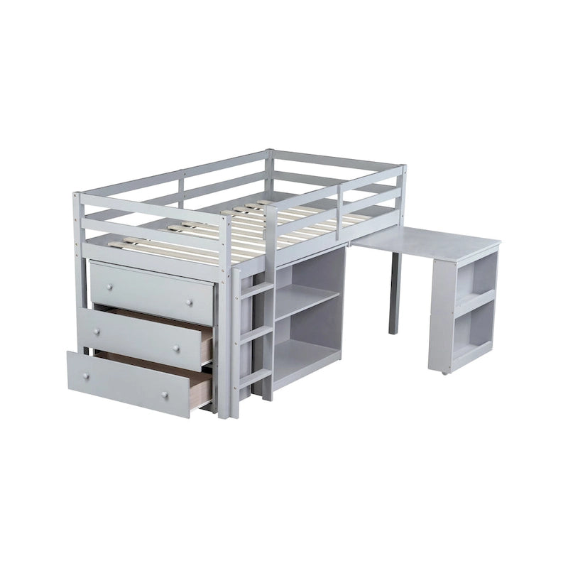 Twin Loft Bed with Pull-Out Desk, 3-Drawer Cabinet & Shelves