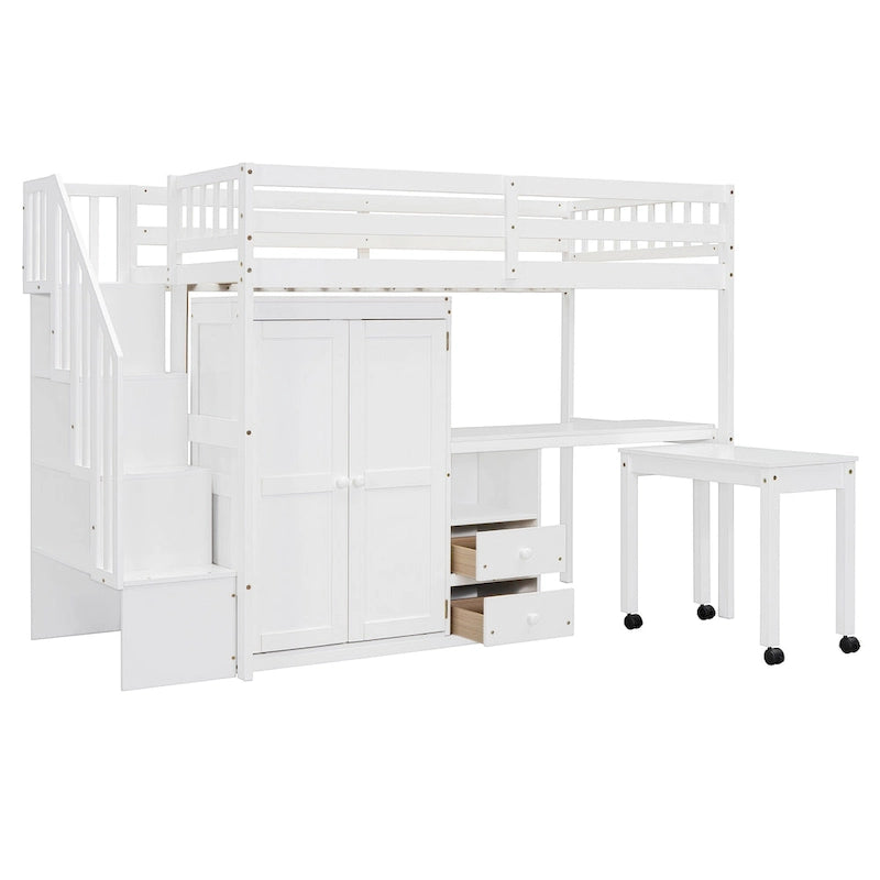 Twin Loft Bed with Staircase, Study Station & 5-in-1 Storage