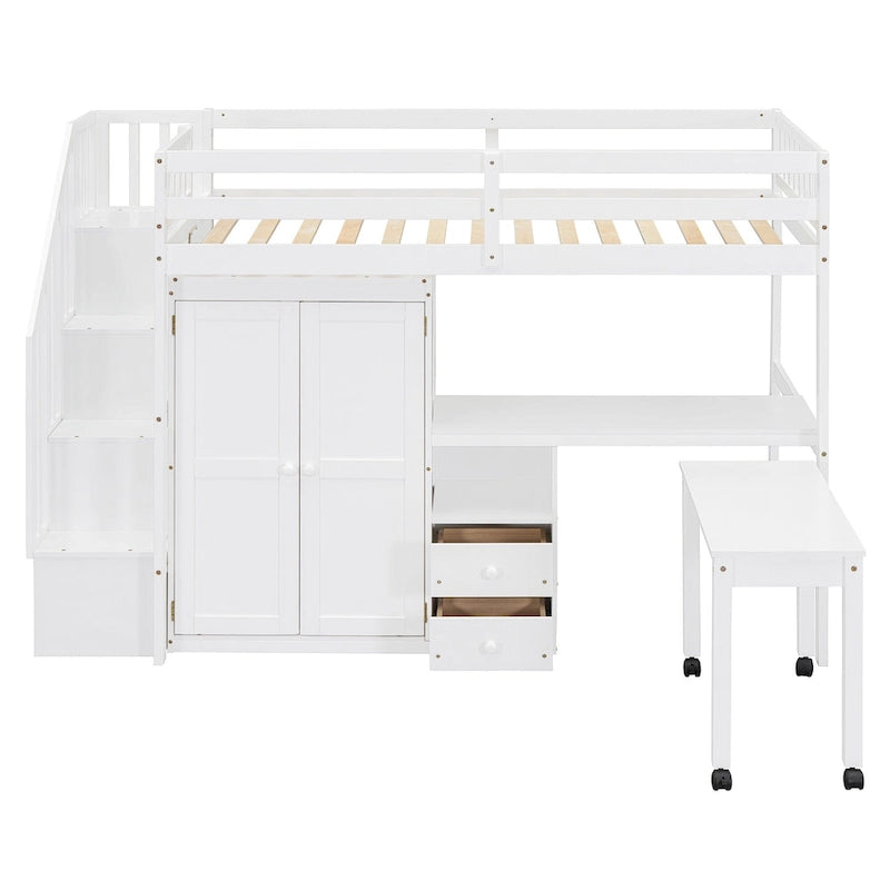 Twin Loft Bed with Staircase, Study Station & 5-in-1 Storage