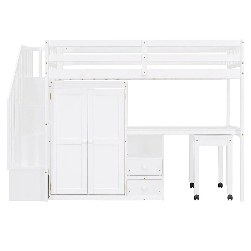 Twin Loft Bed with Staircase, Study Station & 5-in-1 Storage