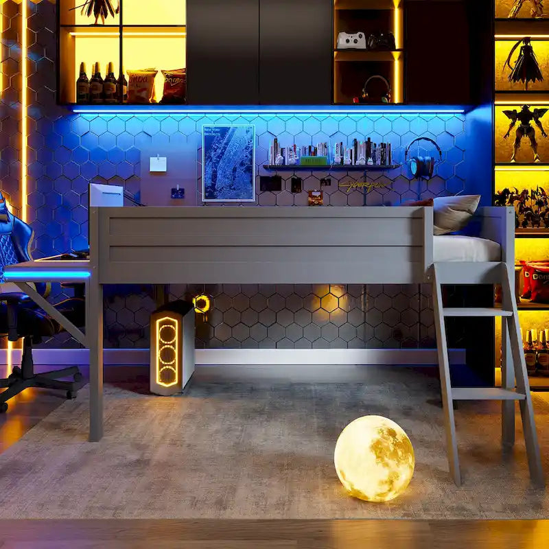 Full Wood Gaming Loft Bed with LED Desk & Storage