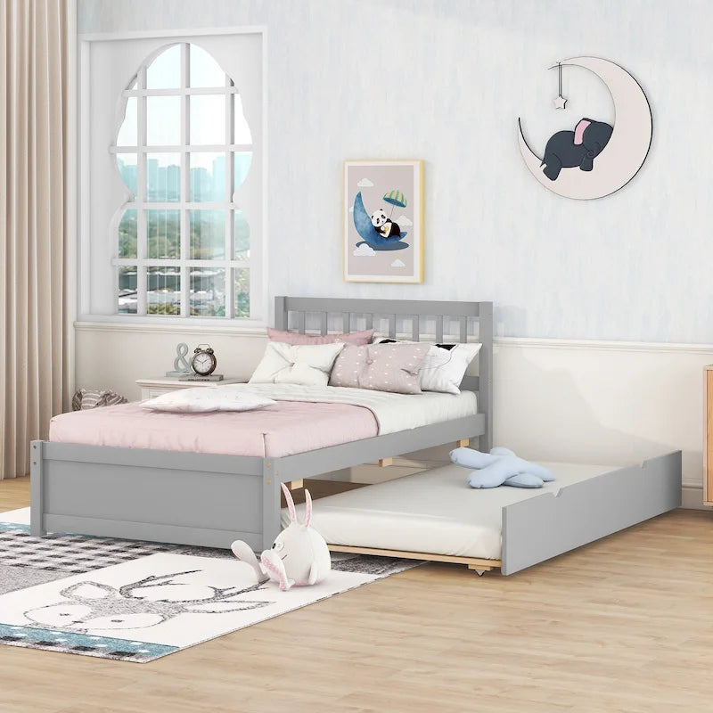 Grey Walnut Rubberwood Twin Size Platform Bed Frame with Trundle, Modern Design, No Box Spring Needed