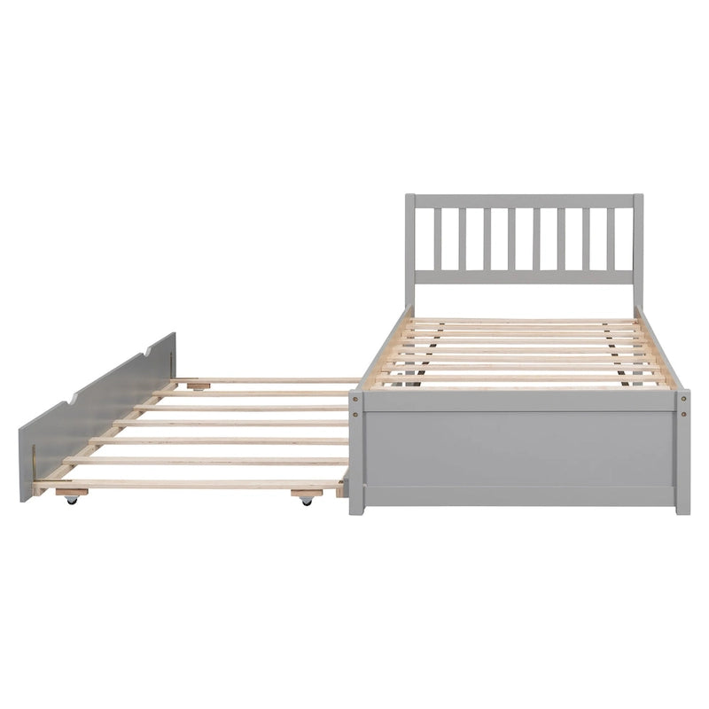 Grey Walnut Rubberwood Twin Size Platform Bed Frame with Trundle, Modern Design, No Box Spring Needed