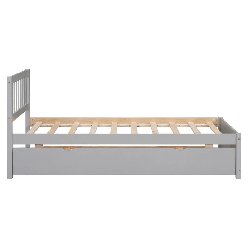 Grey Walnut Rubberwood Twin Size Platform Bed Frame with Trundle, Modern Design, No Box Spring Needed