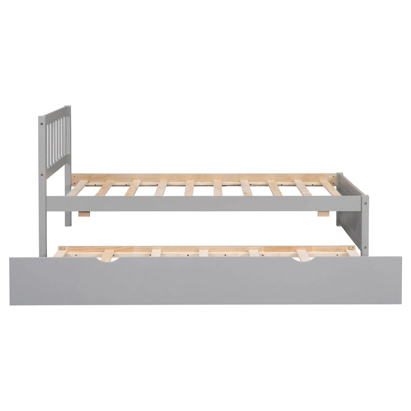 Grey Walnut Rubberwood Twin Size Platform Bed Frame with Trundle, Modern Design, No Box Spring Needed