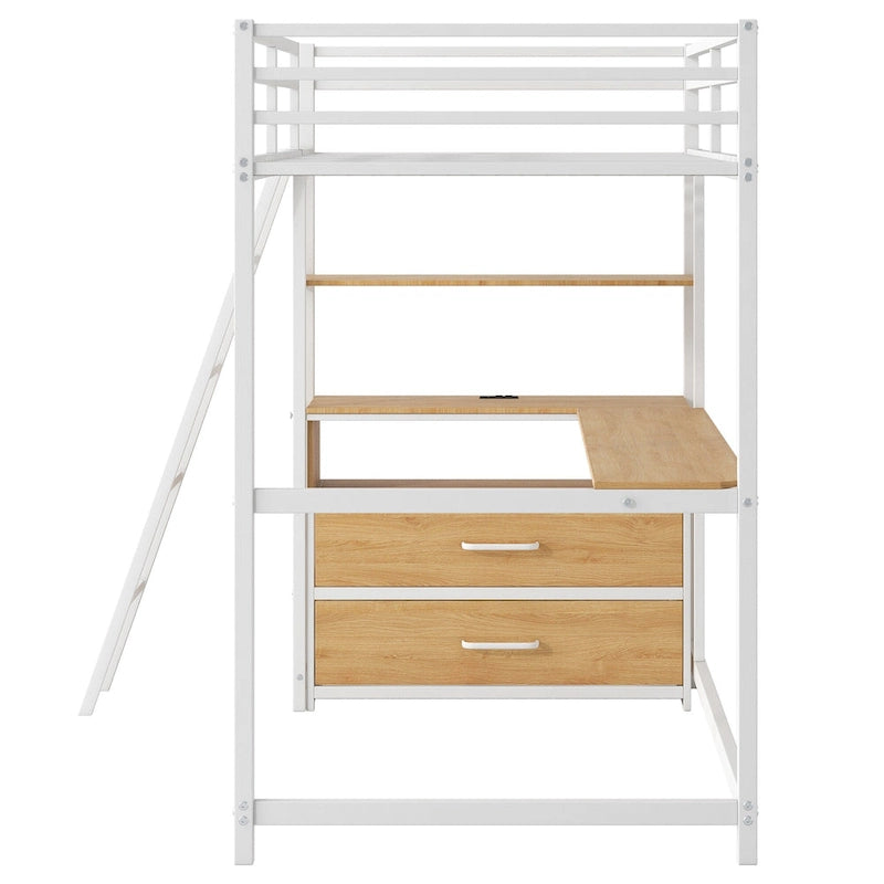 Oak Natural Wood + Antique White Twin Size Metal Wood Loft Bed with Desk, Shelves, LED Light, and USB Charging
