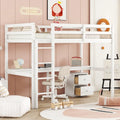 White Twin Size Wood Loft Bed with Desk, Storage, and Ladder