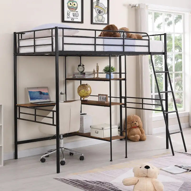 Twin Metal Loft Bed with Desk & Shelves