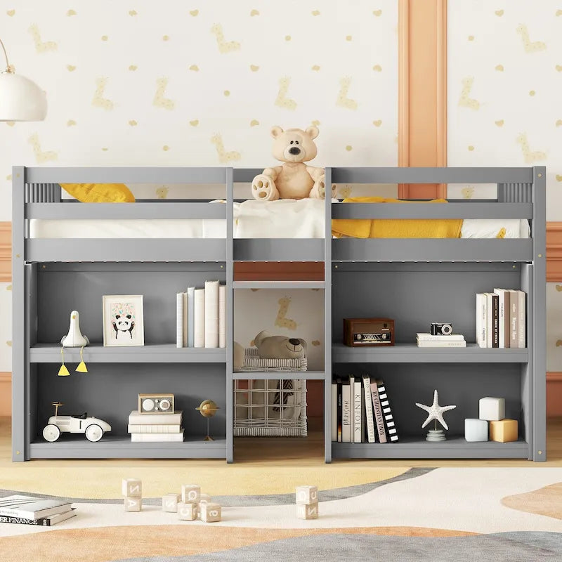 Twin Wood Low Loft Bed with Shelves & LED Light