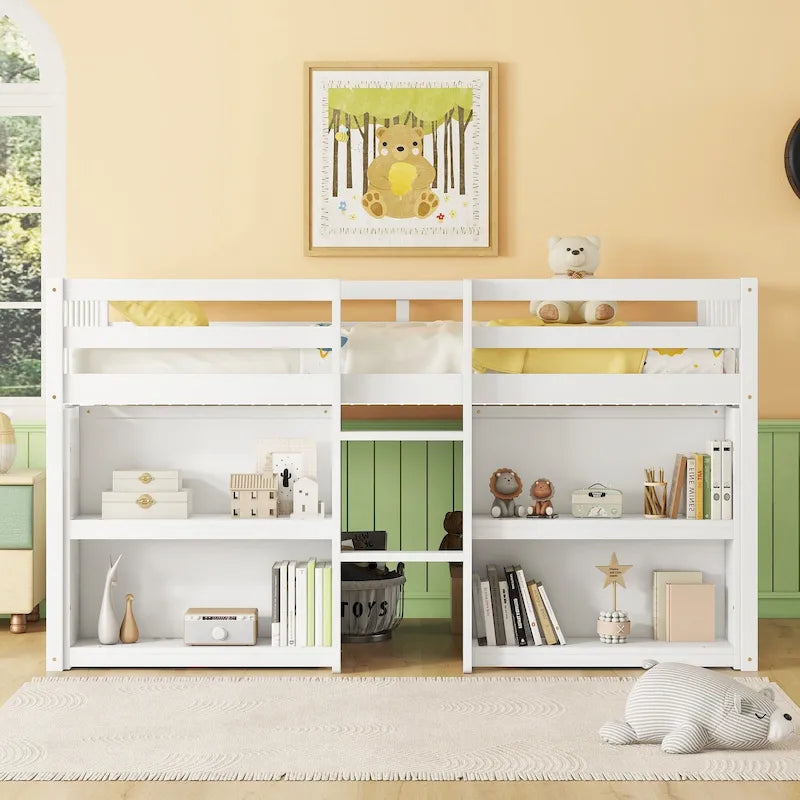 Twin Wood Low Loft Bed with Shelves & LED Light