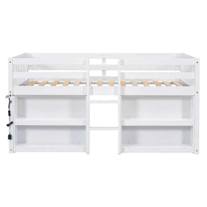 Twin Wood Low Loft Bed with Shelves & LED Light
