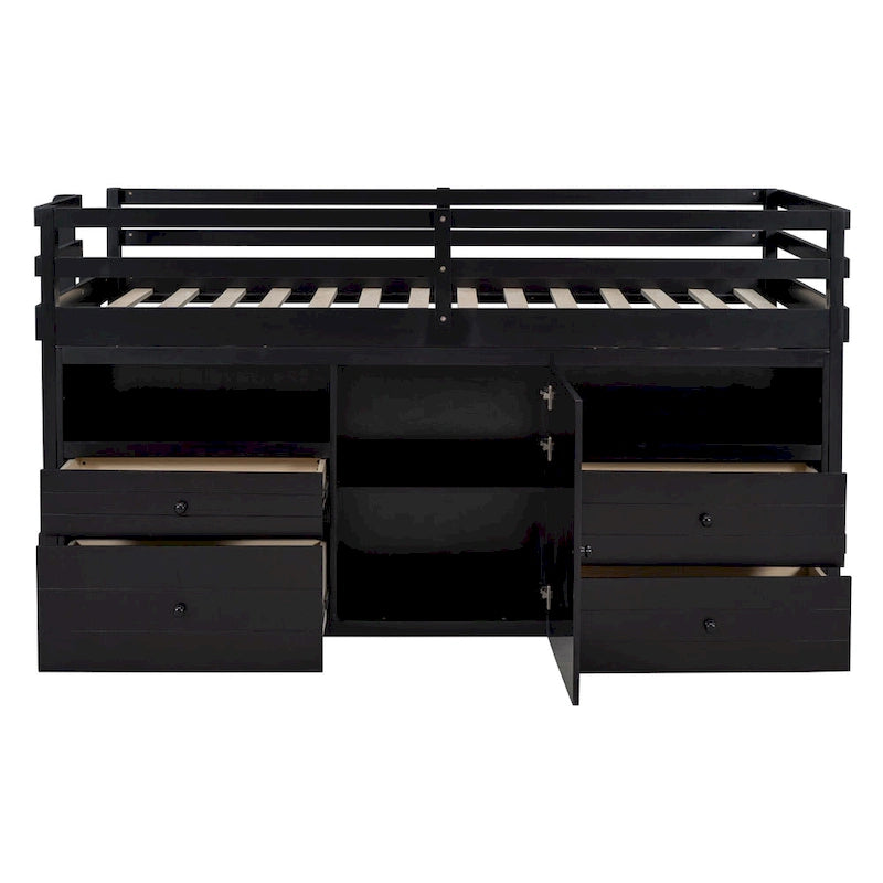 Twin Size Solid Wood Loft Bed with Drawers and Cabinets
