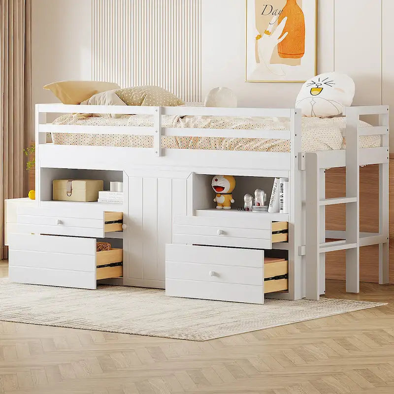 Twin Size Solid Wood Loft Bed with Drawers and Cabinets