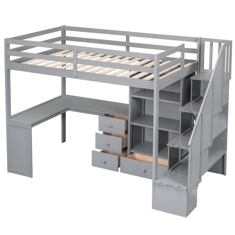Multifunctional Wood Twin Size Loft Bed with L-Shaped Desk and Storage Staircase, Loft Bed Frame with Cabinet and Drawers