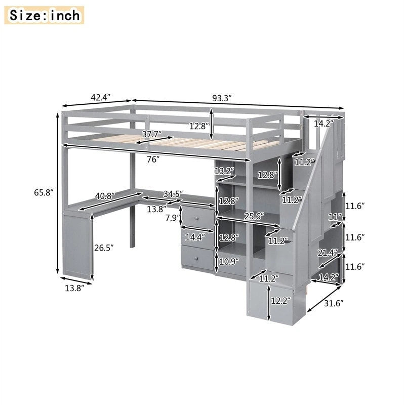 Multifunctional Wood Twin Size Loft Bed with L-Shaped Desk and Storage Staircase, Loft Bed Frame with Cabinet and Drawers