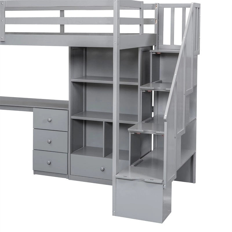 Multifunctional Wood Twin Size Loft Bed with L-Shaped Desk and Storage Staircase, Loft Bed Frame with Cabinet and Drawers